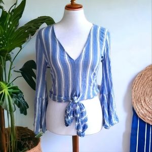 American Eagle Blue Striped V-Neck Bell Sleeve Tie Front Crop Top Size XS